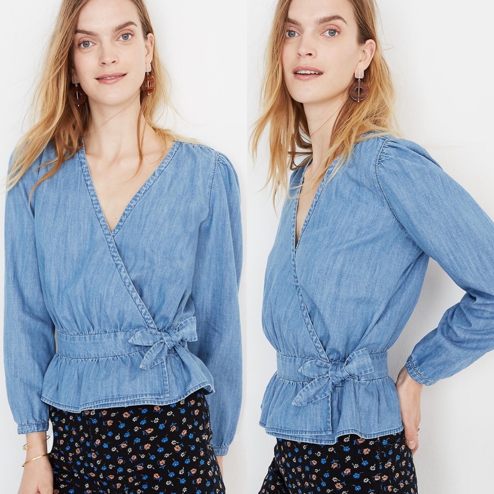 Madewell Denim Puff-Sleeve Peplum Wrap Top